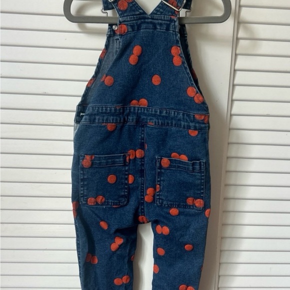 Christian Robinson Microscope Kids Denim Overalls with Reddish Orange Polka Dots - Picture 4 of 6